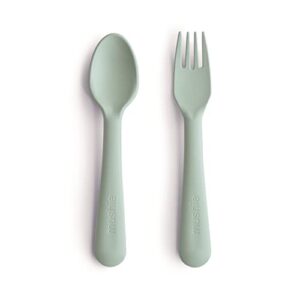 mushie flatware fork and spoon set for kids | made in denmark (sage)