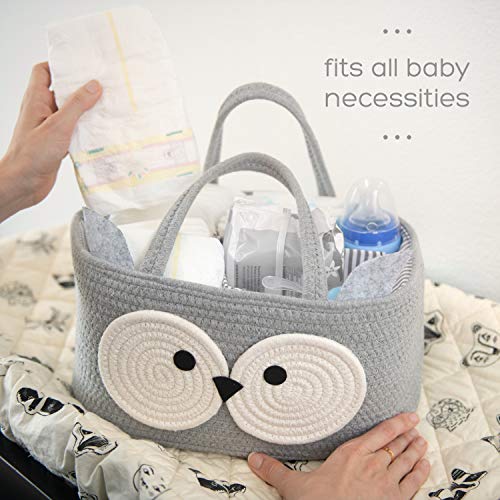 Nena & Nene Diaper Caddy Organizer Baby - 100% Cotton Rope Canvas - Owl Design for Changing Table, Portable Toy Storage, Nursery Decor for Boy and Girl