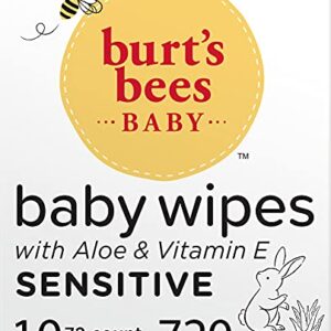 Burt's Bees Baby Wipes, Unscented Towelettes for Sensitive Skin, Hypoallergenic & Non-Irritating, All Natural with Soothing Aloe & Vitamin E, Fragrance Free, 72 count ( Pack of 10)