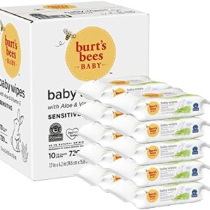 Burt's Bees Baby Wipes, Unscented Towelettes for Sensitive Skin, Hypoallergenic & Non-Irritating, All Natural with Soothing Aloe & Vitamin E, Fragrance Free, 72 count ( Pack of 10)