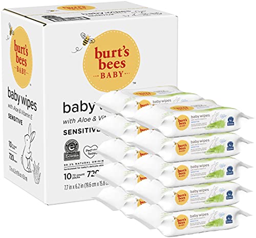 Burt's Bees Baby Wipes, Unscented Towelettes for Sensitive Skin, Hypoallergenic & Non-Irritating, All Natural with Soothing Aloe & Vitamin E, Fragrance Free, 72 count ( Pack of 10)