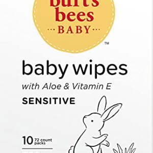 Burt's Bees Baby Wipes, Unscented Towelettes for Sensitive Skin, Hypoallergenic & Non-Irritating, All Natural with Soothing Aloe & Vitamin E, Fragrance Free, 72 count ( Pack of 10)