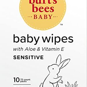 Burt's Bees Baby Wipes, Unscented Towelettes for Sensitive Skin, Hypoallergenic & Non-Irritating, All Natural with Soothing Aloe & Vitamin E, Fragrance Free, 72 count ( Pack of 10)