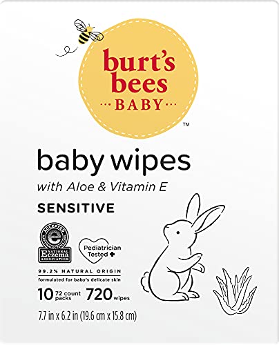 Burt's Bees Baby Wipes, Unscented Towelettes for Sensitive Skin, Hypoallergenic & Non-Irritating, All Natural with Soothing Aloe & Vitamin E, Fragrance Free, 72 count ( Pack of 10)