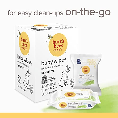 Burt's Bees Baby Wipes, Unscented Towelettes for Sensitive Skin, Hypoallergenic & Non-Irritating, All Natural with Soothing Aloe & Vitamin E, Fragrance Free, 72 count ( Pack of 10)