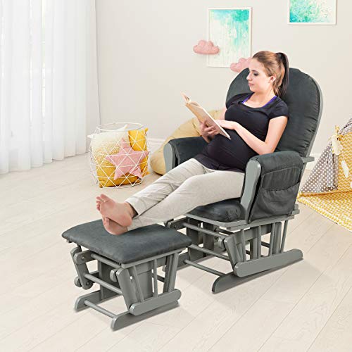 Costzon Baby Glider and Ottoman Cushion Set, Wood Baby Rocker Nursery Furniture, Upholstered Comfort Nursery Chair & Ottoman with Padded Arms (Dark Gray)