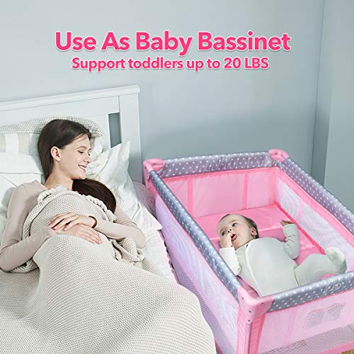 BABY JOY 3 in 1 Portable Pack and Play with Bassinet, Convertible Baby Travel Crib Playard with Changing Table, Brake Wheel, Newborn Napper with Large Capacity Storage Shelf, Oxford Carry Bag