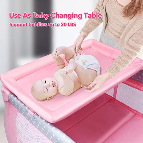 BABY JOY 3 in 1 Portable Pack and Play with Bassinet, Convertible Baby Travel Crib Playard with Changing Table, Brake Wheel, Newborn Napper with Large Capacity Storage Shelf, Oxford Carry Bag
