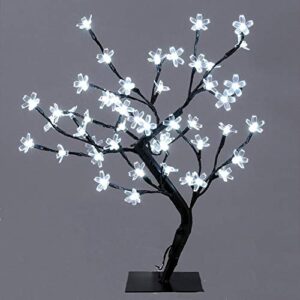 lxcom lighting led cherry blossom bonsai tree 18” 48 leds plug-in desk top bonsai lighted tree artificial crystal flower light table lamp adjustable black branches for party wedding home decor, white