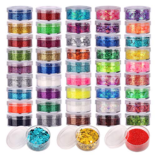 48 Boxes Glitter Set, 24 Boxes 5g Fine Glitter&24 Boxes Holographic Chunky Glitter Sequins, Iridescent Glitter Flakes for Nail Art,Eyeshadow,Cosmetic,Makeup. Body Face Glitter for Festival, Halloween