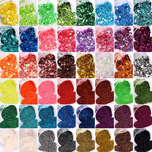 48 Boxes Glitter Set, 24 Boxes 5g Fine Glitter&24 Boxes Holographic Chunky Glitter Sequins, Iridescent Glitter Flakes for Nail Art,Eyeshadow,Cosmetic,Makeup. Body Face Glitter for Festival, Halloween