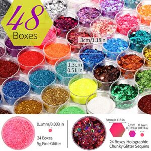 48 Boxes Glitter Set, 24 Boxes 5g Fine Glitter&24 Boxes Holographic Chunky Glitter Sequins, Iridescent Glitter Flakes for Nail Art,Eyeshadow,Cosmetic,Makeup. Body Face Glitter for Festival, Halloween