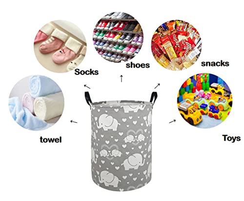 DUYIY 19.7 Inch Round Big Size Canvas Storage Basket with Handle Large Organizer Bins for Dirty Laundry Hamper Baby Toys Nursery Kids Clothes Gift Basket (heart elephant)