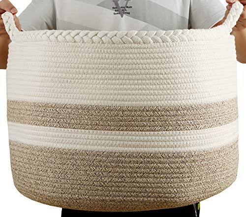 Nicunom Extra Large Cotton Rope Basket 20" x 20"x 13", Kids Playroom Storage Organizer, Living Room Blanket Storage with Handle, Woven Nursery Laundry Basket for Clothes, Blanket, Towels, Toys