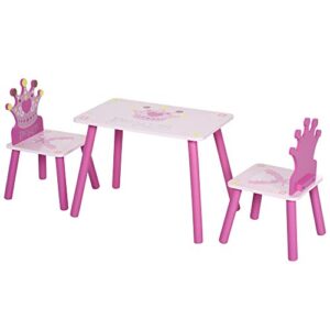 qaba 3-piece kids wooden table and chair set with crown pattern gift for girls toddlers arts reading writing age 2-4 years pink