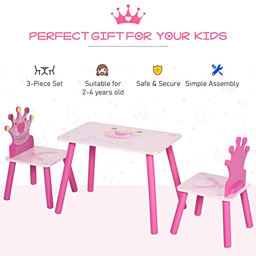 Qaba 3-Piece Kids Wooden Table and Chair Set with Crown Pattern Gift for Girls Toddlers Arts Reading Writing Age 2-4 Years Pink