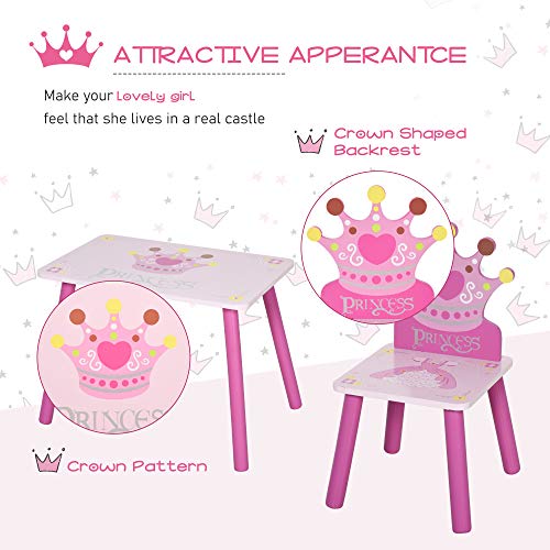 Qaba 3-Piece Kids Wooden Table and Chair Set with Crown Pattern Gift for Girls Toddlers Arts Reading Writing Age 2-4 Years Pink