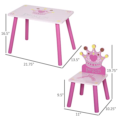 Qaba 3-Piece Kids Wooden Table and Chair Set with Crown Pattern Gift for Girls Toddlers Arts Reading Writing Age 2-4 Years Pink