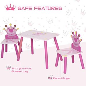 Qaba 3-Piece Kids Wooden Table and Chair Set with Crown Pattern Gift for Girls Toddlers Arts Reading Writing Age 2-4 Years Pink