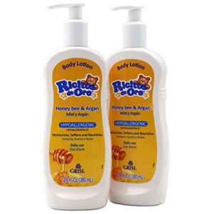 ricitos de oro honey and argan baby body lotion that helps smooth baby skin -hypoallergenic with honey bee extract delicious scent, 2-pack of 12.8 fl oz each, 2 bottles.