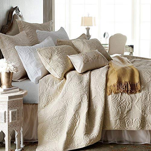 Brandream 4-Piece Beige Vintage Paisley Quilted Comforter Set Queen Size Bed Quilt Set Cotton Lightweight