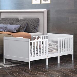 Costzon 2 in 1 Convertible Toddler Bed Frame, Converts to Two Chairs, Classic Wood Kids Bed w/Double Side Safety Guardrails, Footboard for Extra Safety, Fits Full Size Crib Mattress (White)