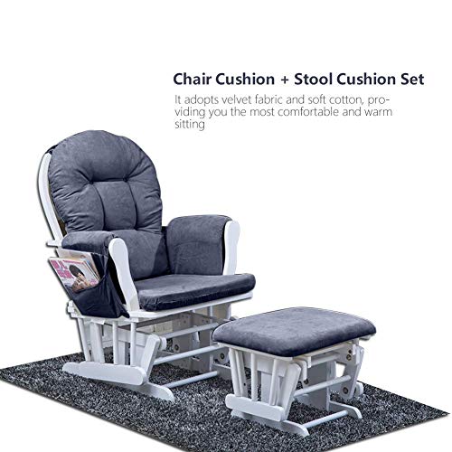 Qiilu Grey Glider Rocking Chair Replacement Cushions Velvet Washable,Cotton Chair Pad Wood Rocking Chair Cushions Total Chair Pad Cushion with Storage Pockets for Chairs and Ottoman