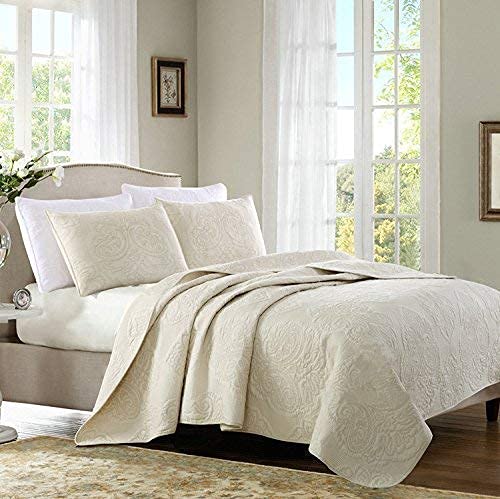 Brandream 5Pcs Beige Paisley Quilted Comforter Set King Size Bed Quilt Set Cotton Bedspread Coverlet Set