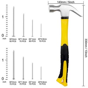 KURUI 16 oz Hammer & 560PCs Hardware Nail Assortment Kit,Claw Hammer Set with Anti-Slip Handle, Anti-Corrosive Galvanized 280 Picture Hanging Nails & 280 Finishing Nails for Household and DIY