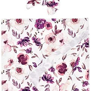 Baby Swaddle Blanket Newborn Girl Swaddle and Headband Set Purple Flowers Floral Print Wrap Shower Gift