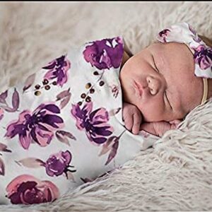 Baby Swaddle Blanket Newborn Girl Swaddle and Headband Set Purple Flowers Floral Print Wrap Shower Gift