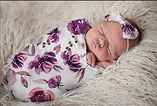 Baby Swaddle Blanket Newborn Girl Swaddle and Headband Set Purple Flowers Floral Print Wrap Shower Gift