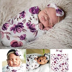 Baby Swaddle Blanket Newborn Girl Swaddle and Headband Set Purple Flowers Floral Print Wrap Shower Gift