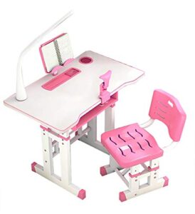 children's combined study desk and chair set, height adjustable home school use anti-reflective children study table with led light/reading board/pull-out drawer 80 x 49cm (pink)