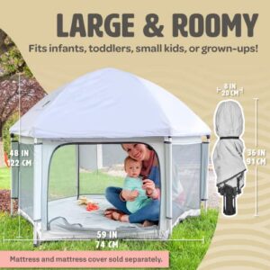 POP 'N GO Premium Indoor and Outdoor Baby Playpen - Portable, Lightweight, Pop Up Pack and Play Toddler Play Yard w/Canopy and Travel Bag - Grey