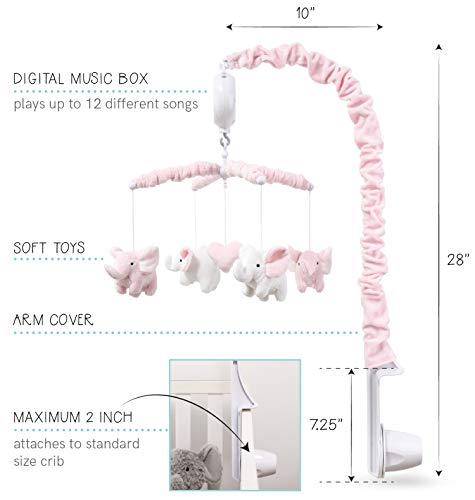 The Peanutshell Pink Elephant Musical Crib Mobile - Digital Music Box with 12 lullabies