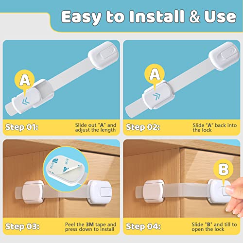 14 Pack Baby Proof Cabinet Latches, Childproof Drawer Latches with 12 Extra 3M Adhesives, Adjustable No Drilling Child Safety Cabinet Locks Straps Baby Drawer Locks for Kids Baby Safety