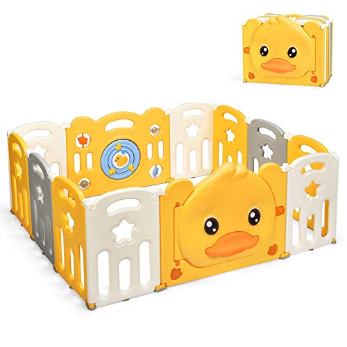 HONEY JOY Baby Play Yard, 12 Panel Psyduck Foldable Baby Gate Playpen, Anti-Slip Rubber Base & Suction, Indoor Safety Baby Fence for The House, Extra Large Anti-Fall Play Pen for Toddler