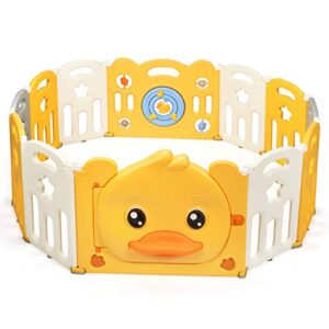 HONEY JOY Baby Play Yard, 12 Panel Psyduck Foldable Baby Gate Playpen, Anti-Slip Rubber Base & Suction, Indoor Safety Baby Fence for The House, Extra Large Anti-Fall Play Pen for Toddler