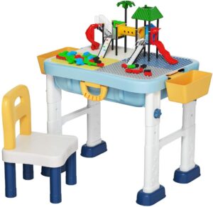 honey joy 6-in-1 kids activity table, large & small size blocks compatible w/classic blocks, adjustable height, water table & sand table & dry erase easel w/marker, kids play table with storage