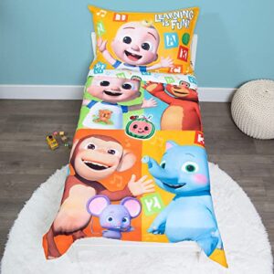 cocomelon 4 piece toddler bedding set - includes quilted comforter, fitted sheet, top sheet, and pillow case - letters and music design