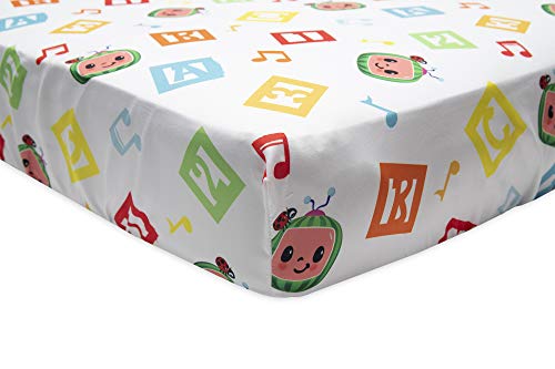 CoComelon 4 Piece Toddler Bedding Set - Includes Quilted Comforter, Fitted Sheet, Top Sheet, and Pillow Case - Letters and Music Design