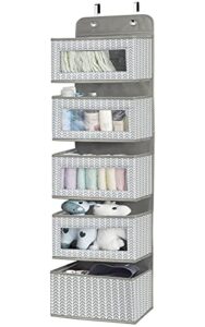 over the door hanging organizer with 5 large pockets - wall mount pantry storage with clear pvc window & 2 big metal hooks for closet,bathroom,nursery,bedroom,dorm,baby diapers,kids toys (gray)