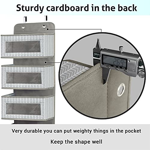 Over the Door Hanging Organizer with 5 Large Pockets - Wall Mount Pantry Storage with Clear PVC Window & 2 Big Metal Hooks for Closet,Bathroom,Nursery,Bedroom,Dorm,Baby Diapers,Kids Toys (Gray)