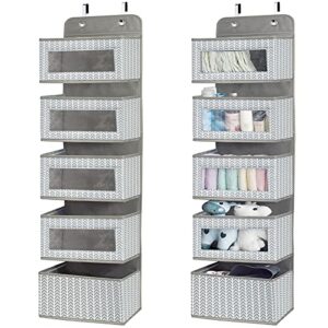 Over the Door Hanging Organizer with 5 Large Pockets - Wall Mount Pantry Storage with Clear PVC Window & 2 Big Metal Hooks for Closet,Bathroom,Nursery,Bedroom,Dorm,Baby Diapers,Kids Toys (Gray)