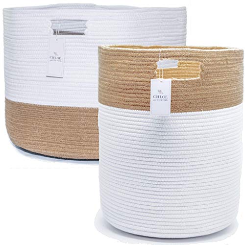 Chloe and Cotton Woven Coiled Rope Storage Baskets XL 19 x 16 inch and XXXL 15 x 21 Jute White Handles | Decorative Laundry Clothes Hamper, Blanket, Towel, Baby Nursery Bin Cute Organizer