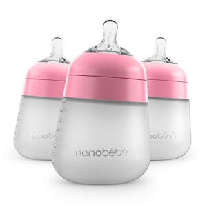 nanobébé flexy silicone baby bottle, anti-colic, natural feel, non-collapsing nipple, non-tip stable base, easy to clean, 3-pack, pink, 9oz