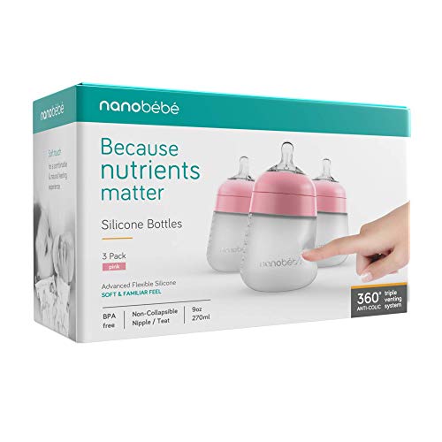 Nanobébé Flexy Silicone Baby Bottle, Anti-Colic, Natural Feel, Non-Collapsing Nipple, Non-Tip Stable Base, Easy to Clean, 3-Pack, Pink, 9oz