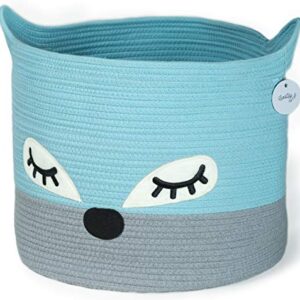 Woven Baby Basket for Nursery - Cute Blue Fox Baby Laundry Basket for Blankets, Stuffed Animal Toy Basket Storage with Handles, Large Decorative Baby Hamper Basket for Organizing Baby Shower