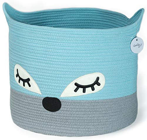 Woven Baby Basket for Nursery - Cute Blue Fox Baby Laundry Basket for Blankets, Stuffed Animal Toy Basket Storage with Handles, Large Decorative Baby Hamper Basket for Organizing Baby Shower